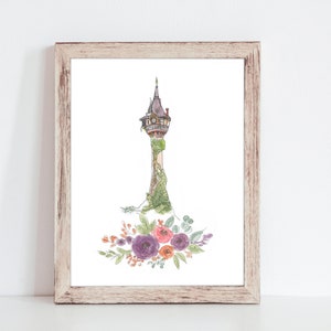 Rapunzel Tower Watercolor Art Print, Watercolor Castle, Girls Princess Room Decor, Princess Art, Princess Nursery Art 8x10 with Flowers