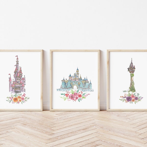 Conjunto de 3 impresiones de acuarela de castillos de princesas, arte de pared para habitación de niña, juego de 3 piezas de arte para dormitorio de niñas, arte de castillos de Disney