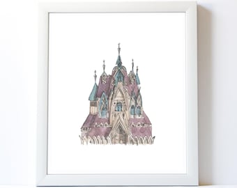 Frozen Castle Art Print, ARENDELLE CASTLE, Watercolor Disney Castle Art, Girls Room Decor, Princess Nursery Art