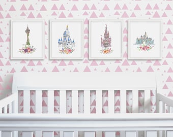 Princess Castle ART PRINT Set of 4 for Nursery Girls Bedroom Decor: Cinderella, Rapunzel, Beauty & Beast, Sleeping Beauty, Jasmine,  Ariel