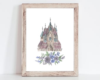 Frozen Castle Art Print, Arendelle Castle Watercolor Art Print, Watercolor Castle, Girls Princess Room Decor, Princess Art