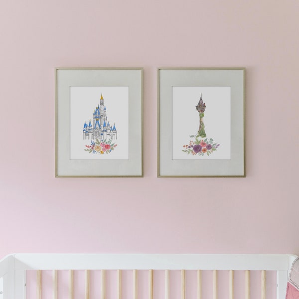 Princess Castle Art PRINT SET of 2, Princess Nursery Art, Castle Art Prints, Princess Decor, Girls Nursery Art