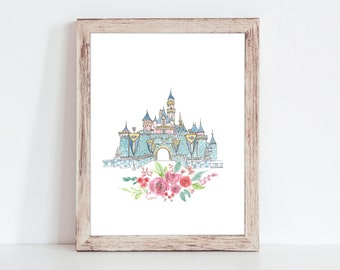 Sleeping Beauty Castle, Princess Castle Watercolor Art, Princess Nursery Art, Girls Room Decor, Princess Watercolor Art