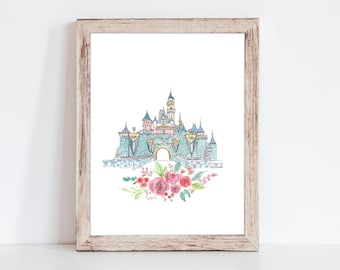 Sleeping Beauty Castle, Princess Castle Watercolor Art, Princess Nursery Art, Girls Room Decor, Princess Watercolor Art