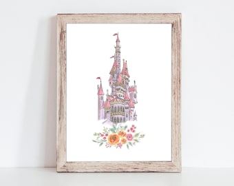 Beauty and the Beast Castle Watercolor Art, Belle Castle, Watercolor Castle, Disney World Castle, Girls Room Decor, Princess Nursery Art