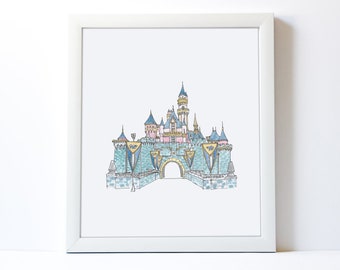 Sleeping Beauty Castle Art, Watercolor Castle Art, DISNEYLAND Castle Sketch, Baby Girl Decor Nursery, Princess Nursery Art