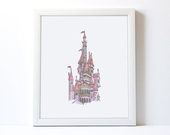 Belle en het beest KASTEEL kunst, prinses BELLE kasteel kunst, aquarel kasteel, Disney World kasteel kunst, prinses kamer decor