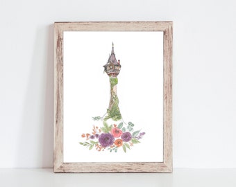 Rapunzel Tower Watercolor Art Print, Watercolor Castle, Girls Princess Room Decor, Princess Art, Princess Nursery Art