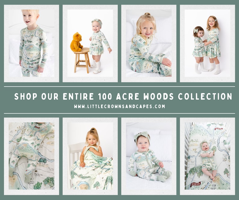 May include: A collection of children's clothing and bedding featuring a woodland map print. The print includes trees, a river, and a road. The clothing includes pajamas, a dress, and a blanket. The bedding includes a fitted sheet and a crib sheet. The text on the image reads "Shop our entire 100 Acre Woods Collection www.littlecrownsandcapes.com".