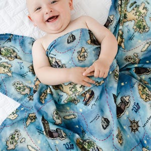 Neverland BABY Blanket, Peter Pan Swaddle, Newborn BAMBOO Swaddle Blanket, Blue Map Baby Blanket, Bamboo Swaddle