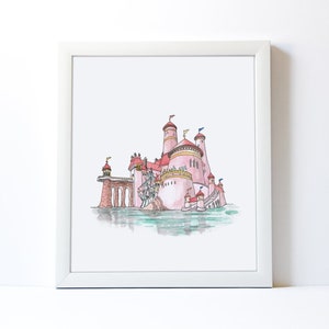 Little Mermaid CASTLE art, ARIEL Castle Art, Girls Room Decor, Princess Art, Watercolor Castle Art