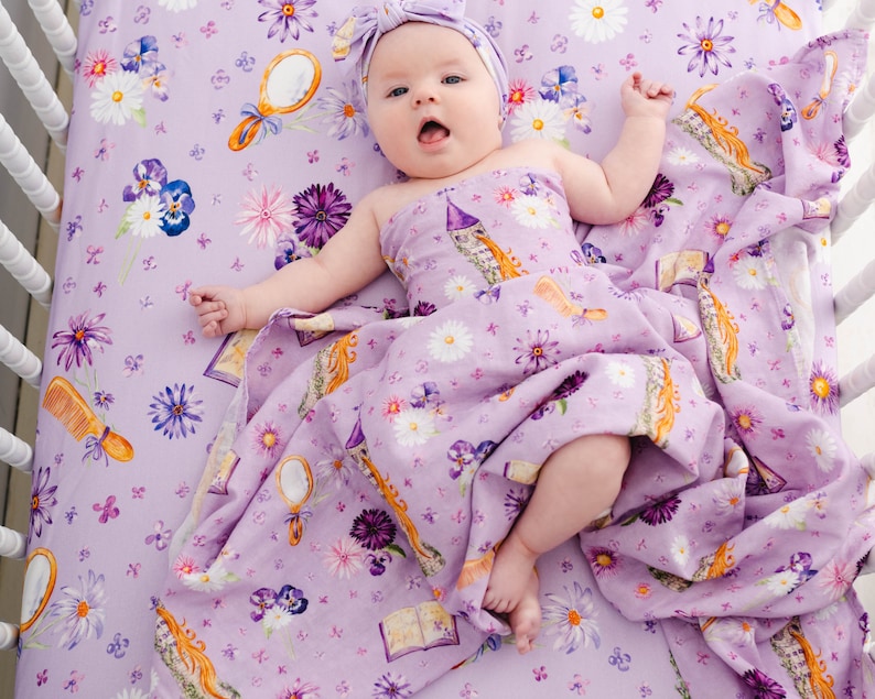Baby Girl SWADDLE Blanket, Princess Rapunzel Swaddle Blanket, Newborn Photo Prop, Bamboo Swaddle Purple and Pink, Newborn Swaddle image 4