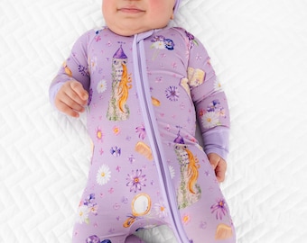 RAPUNZEL Bamboo Baby Pajamas, Purple Princess Baby Bamboo Baby Sleepers, Princess Zippered Baby Pajamas, Baby Girl Bamboo Pajamas