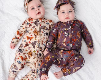 Pijama de bambú para bebé con mariposas y polillas, pijamas de bambú a juego para gemelos, pijama de polillas, pijama bonito para niña, mono con cremallera Woodland Baby