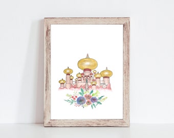 Jasmine Palace Watercolor Art, Watercolor Portrait of Agrabah Palace, Girls Room Decor, Princess Watercolor Art, Princess Nursery Art