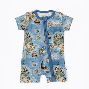 PETER PAN Bambus Shortie Strampler, Jungen Bambus Outfit, Nimmerland Karte Bambus Zip-Strampler, Reißverschluss Baby Outfit, Süßes Outfit für Disney World
