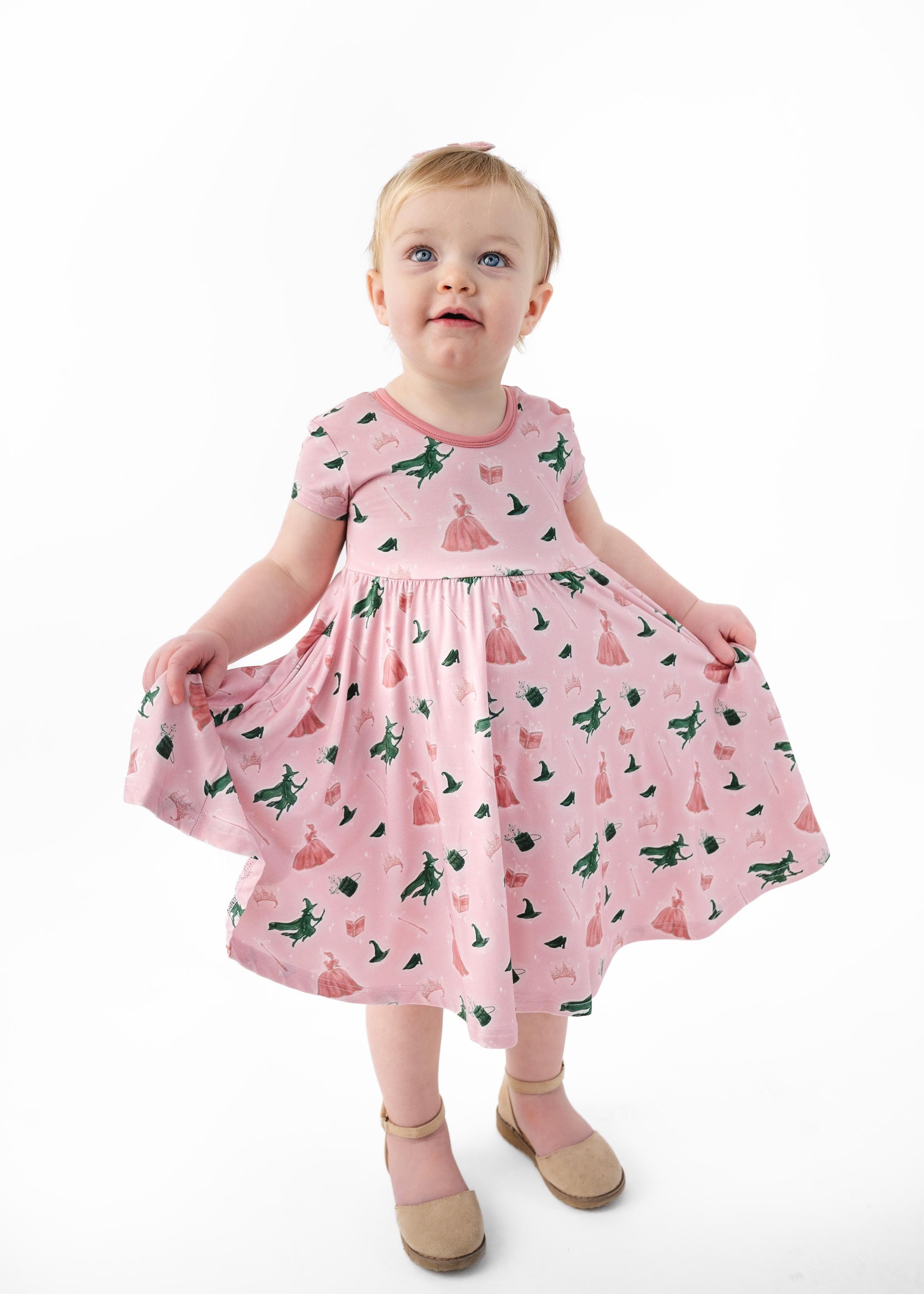 Wizard of Oz Pink Bamboo Girls Twirl Dress, Good Witch Bad Witch, Soft Bamboo Twirl Dress with Pockets & Free Matching Shorts, Wicked Fans