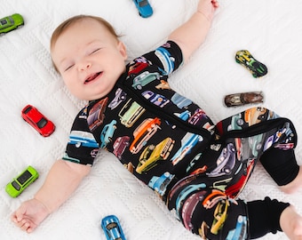 VINTAGE CARS Bamboo Baby Pajamas, Cars Baby Bamboo Baby Sleepers, Bamboo Baby Romper,  Zippered Baby Pajamas, Cars Baby Zippy