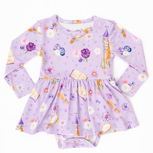 RAPUNZEL Bamboo Baby DRESS with snaps, Princess Baby Dress, Purple Floral Bamboo Baby Outfit,  Princess Baby Outfit