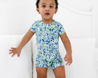 Summer Bamboo Shortie Romper, Sea Glass Ocean Baby Bamboo Baby Outfit, Bamboo Baby Romper,  Zippered Summer Bamboo Outfit