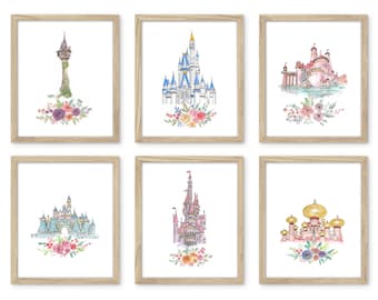 Baby Girl Nursery Art, CASTLE Art PRINT Set of 6, Princess Wall Art