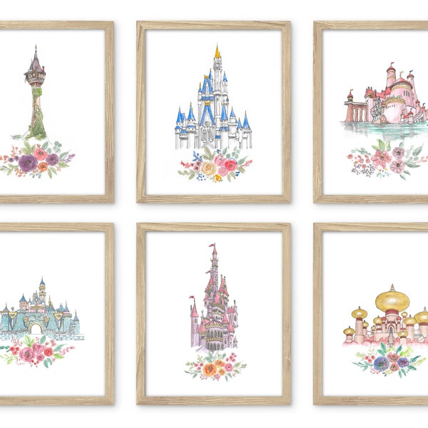 Baby Girl Nursery Art, CASTLE Art PRINT Set of 6, Princess Wall Art