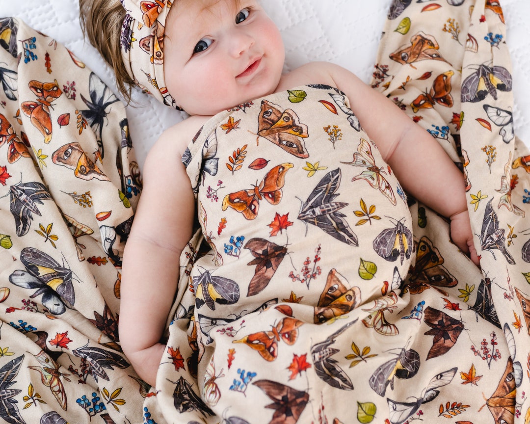 Baby Moths Butterflies SWADDLE Blanket, Woodland Swaddle Blanket