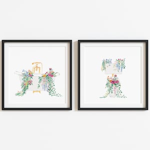 Vintage Floral Bathroom Art Print Set: Bathtub & Toilet Watercolor