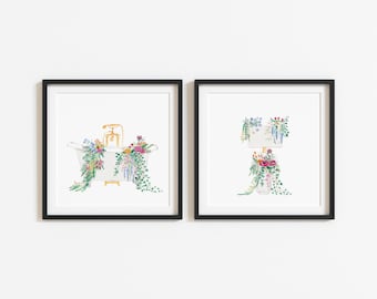 Ensemble d'impression d'art floral vintage pour salle de bain : aquarelle de baignoire et de toilettes