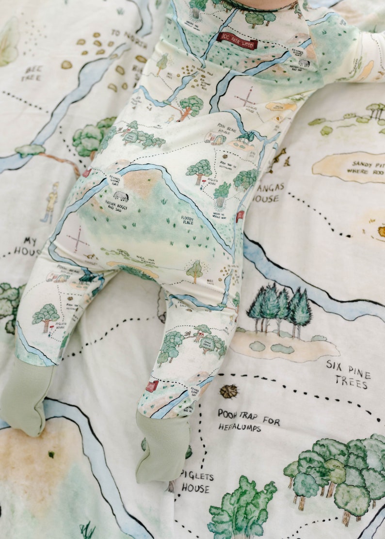 May include: A white baby onesie with a map of the Hundred Acre Wood from Winnie the Pooh. The onesie has green, blue, and brown details and features the text "Pooh Trap for Heffalumps", "Piglets House", "Six Pine Trees", and "Sandy Pit Where Roo", among other locations.