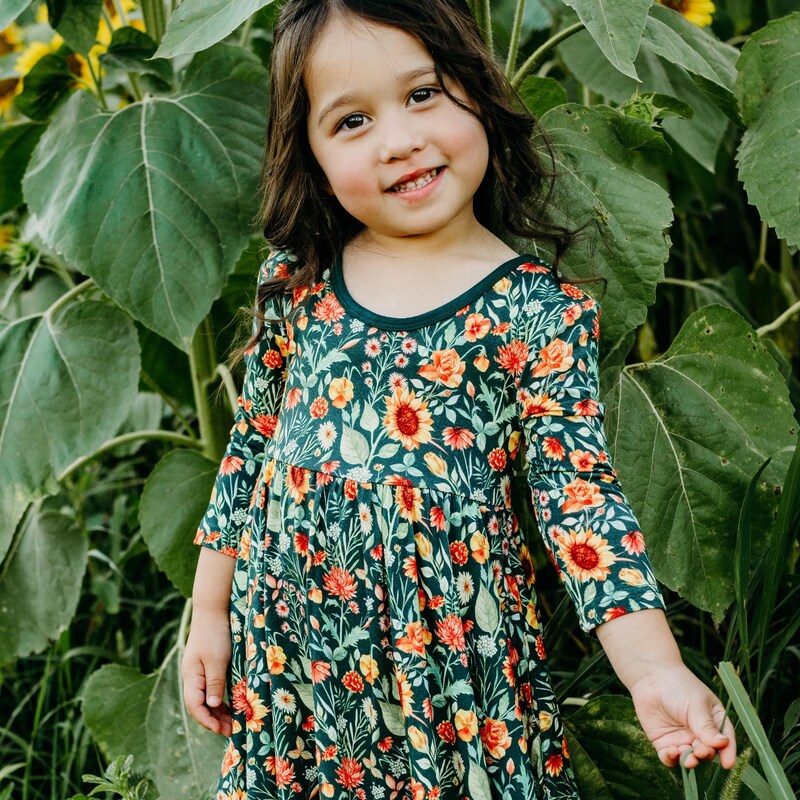Organic Peachy Wildflower Twirl Dress For Fall