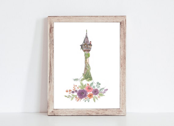 Rapunzel Tower Watercolor Art Print, Watercolor Castle, Girls Princess Room Decor, Princess Art, Princess Nursery Art