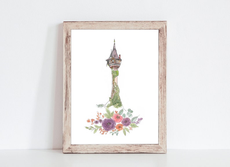 Rapunzel Tower Watercolor Art Print, Watercolor Castle, Girls Princess Room Decor, Princess Art, Princess Nursery Art 8x10 with Flowers