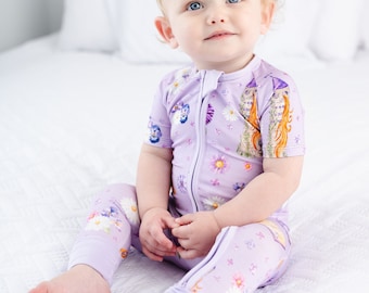 RAPUNZEL Bamboo Baby Pajamas, Baby Girl Baby Pajamas, Princess Bamboo Baby Romper, Zippered Baby Romper, Double Zipper Baby Pajamas