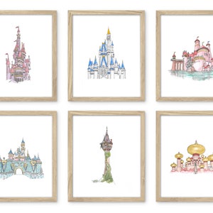 Baby Girl Nursery Wall ART, Princess Castle PRINT Set of 6, Baby Girl Nursery Decor