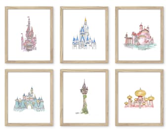 Baby Girl Nursery Wall ART, Princess Castle PRINT Set of 6, Baby Girl Nursery Decor