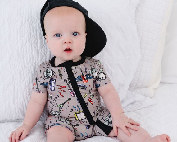Combi short en bambou ROCKSTAR tenue rock n roll pour bebe Combi short musical en bambou tenue en bambou avec fermeture eclair tenue de groupe de rock pour bebe Etsy France