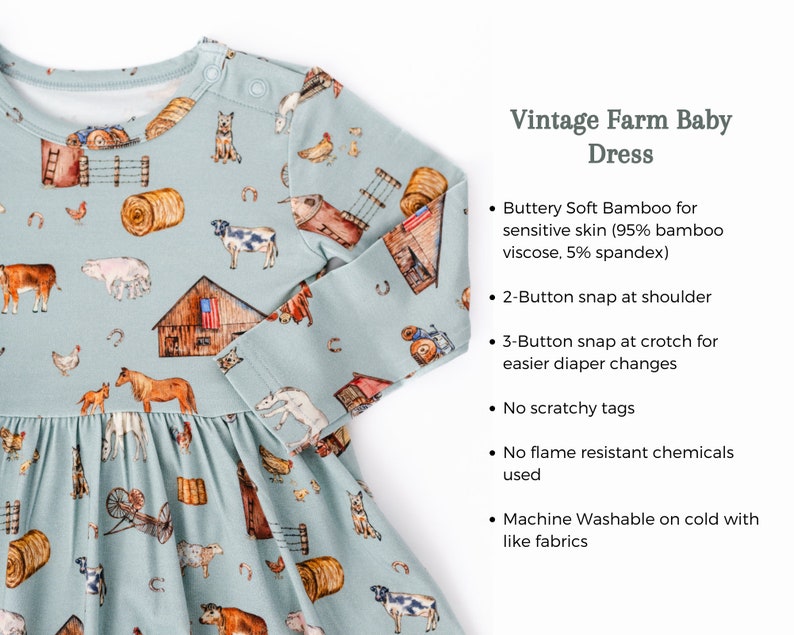 Vintage FARM Bamboo Baby DRESS, Farm Girl Baby Dress, Super Soft Cooling Bamboo Dress, Baby Girl Outfit, Tractors Cows Horses Baby Dress image 5