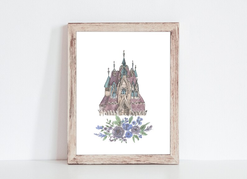 May include: A watercolor painting of a purple and blue castle with a floral arrangement of purple and green flowers at the bottom.