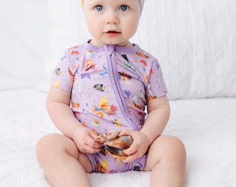 MERMAIDS Bamboo Shortie Romper, Summer Baby Bamboo Baby Outfit, Mermaids Baby Romper,  Zippered Summer Bamboo, Ocean Pajamas, Purple Mermaid