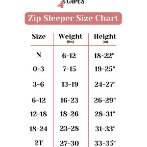 May include: A chart showing the size, weight, and height of zip sleeper pajamas for babies and toddlers. The chart includes sizes from newborn to 3T, with corresponding weight ranges in pounds and height ranges in inches.