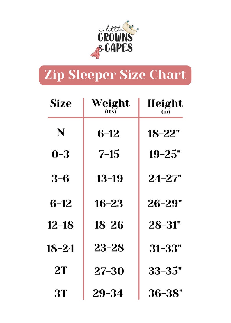 May include: A chart showing the size, weight, and height of zip sleeper pajamas for babies and toddlers. The chart includes sizes from newborn to 3T, with corresponding weight ranges in pounds and height ranges in inches.