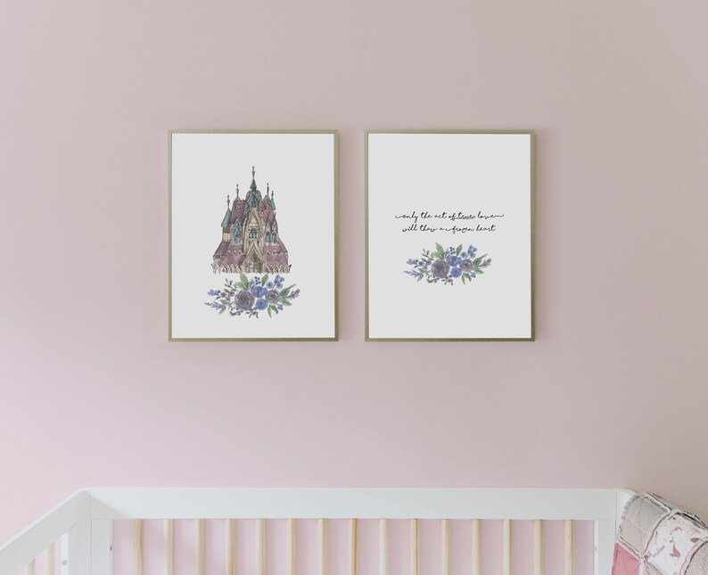 May include: Two framed prints with watercolor illustrations of a castle and a bouquet of purple flowers. The text on the print reads "Only the act of true love will thaw a frozen heart."