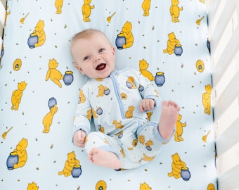 Winnie the Pooh Bambus-Baby-Pyjama, blauer Bambus-Baby-Schlafanzug für Jungen, Hunny Pot, Bambus-Baby-Strampler, Reißverschluss-Schlafanzug für Jungen und Mädchen