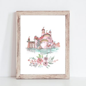 Princess Castle Watercolor Art, Little Mermaid Castle, Watercolor Castle, Ariel Castle, Girls Room Decor