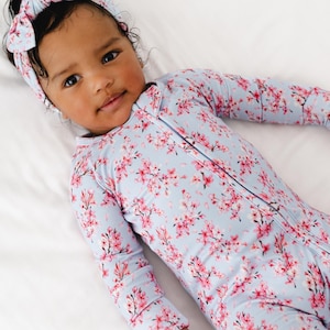 CHERRY BLOSSOM Bamboo Baby Pajamas, Pink Bamboo Baby Sleeper, Spring Flower Bamboo Baby Zip, Zippered Baby Romper, Cute Baby Girl Floral Pjs