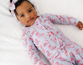 CHERRY BLOSSOM Bamboo Baby Pajamas, Pink Bamboo Baby Sleeper, Spring Flower Bamboo Baby Zip, Zippered Baby Romper, Cute Baby Girl Floral Pjs