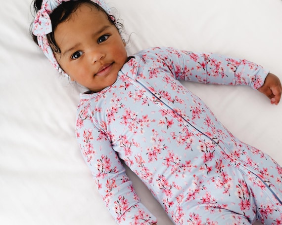 CHERRY BLOSSOM Bamboo Baby Pajamas, Pink Bamboo Baby Sleeper - Main Image