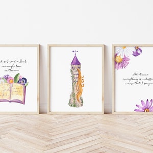 RAPUNZEL Art PRINT Set of 3,  Rapunzel Art, Princess Nursery Art, Princess Art Print Set, Rapunzel Quotes, Girls Princess Art Decor