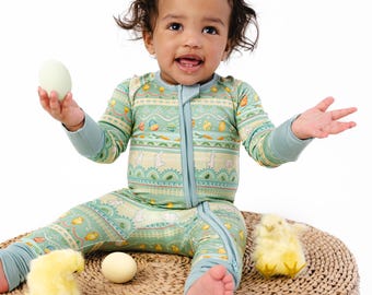 OSTERN Baby-Bambusschlafanzug, Türkis-Ostern-Baby-Bambusschlafanzug, Frühlings-Babyschlafanzug mit Reißverschluss, Osterei-Pyjama, Osterkorb PJs
